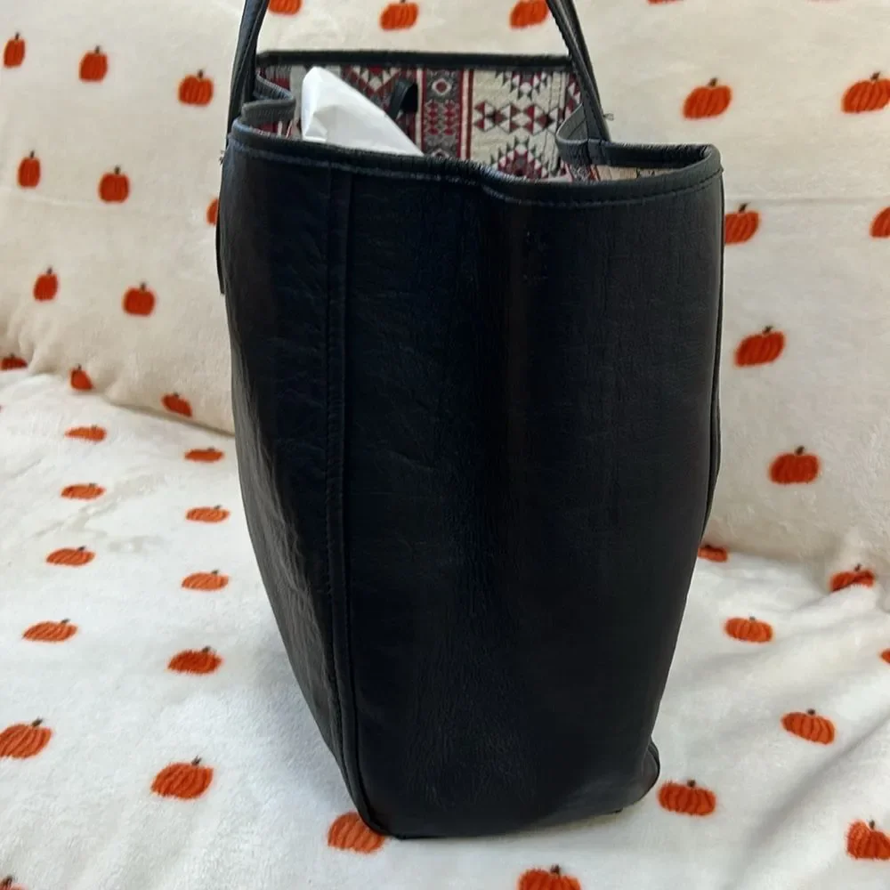 Hobo Tote Shoulder Bag Black Leather Aztec Tribal Fabric Lined Reversible